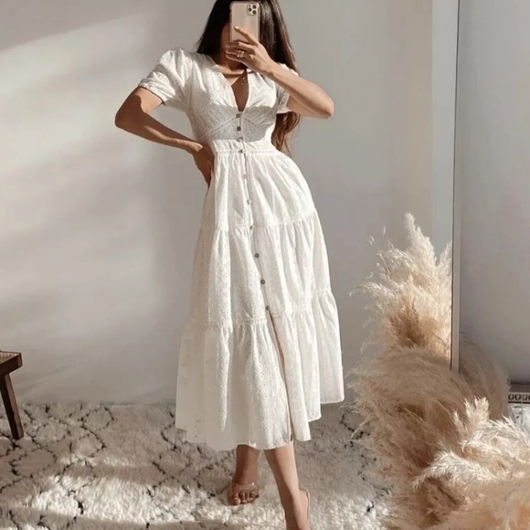 Zara Dresses & Skirts - Zara White Lace Eyelet Boho Coastal Cottagecore Prairie  Midi Dress Size Large